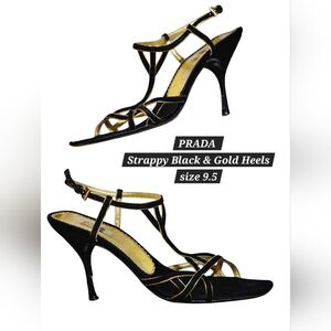 PRADA Black and Gold Strappy Heels w/Original Dustbag Size 39.5/US 9